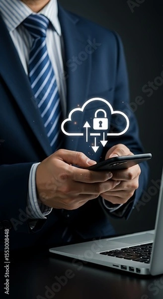 Fototapeta encrypted backup, and online access, ensuring secure remote file storage,Cloud storage and security technology for mobile data protection,confident businessman engages in secure mobile cloud access,