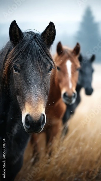Fototapeta Horses standing in a field during a cold morning surrounded by soft, muted colors