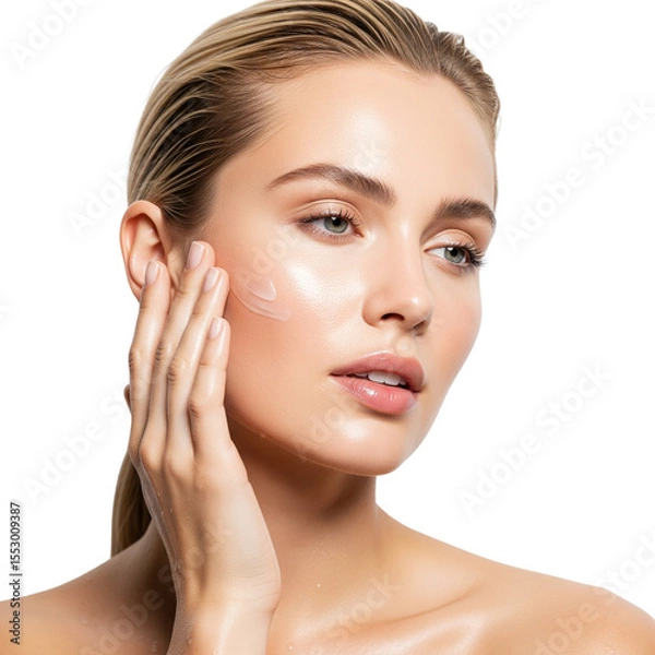 Fototapeta A serene woman with a towel wrapped around her head gently massages foaming cleanser into her skin on Isolated transparent background png. generated with AI