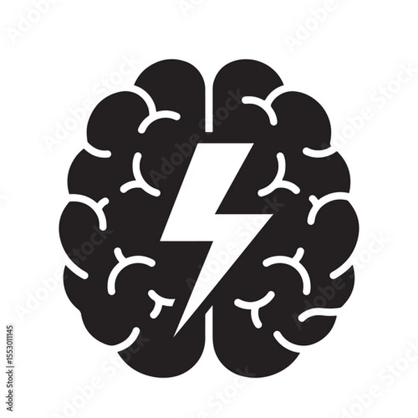 Fototapeta Flat black vector icon of human head and brain silhouette with lightning bolt inside, symbolizing burst of creativity, energy, and outline design PNG