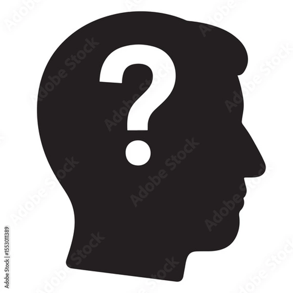Fototapeta Flat black vector icon of human head and brain silhouette with question mark inside, symbolizing confusion, hesitation, and outline design PNG
