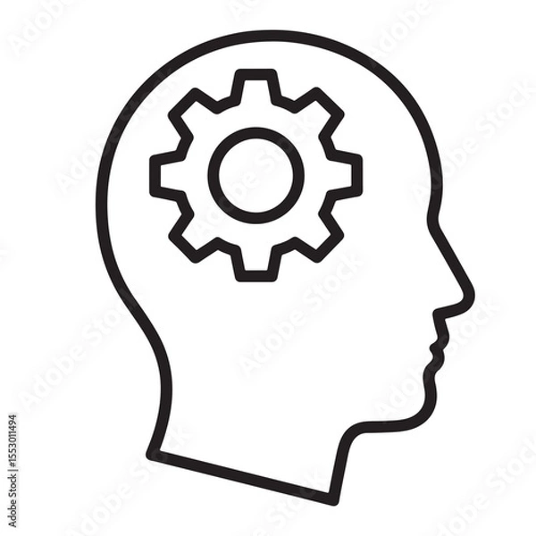 Fototapeta Flat black vector icon of human head and brain silhouette with gear inside, symbolizing critical thinking, problem solving, and outline design PNG