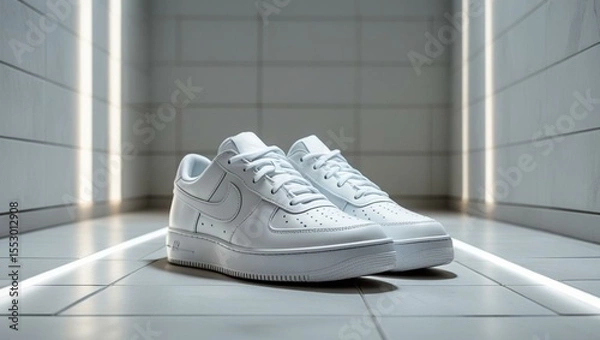 Fototapeta White Sneakers on Tiled Floor with Soft Rim Lighting