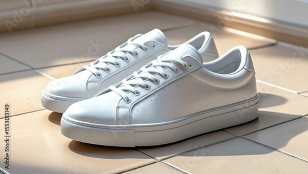 Fototapeta White Sneakers on Tiled Floor with Soft Rim Lighting