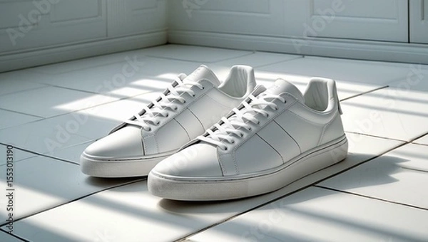 Fototapeta White Sneakers on Tiled Floor with Soft Rim Lighting
