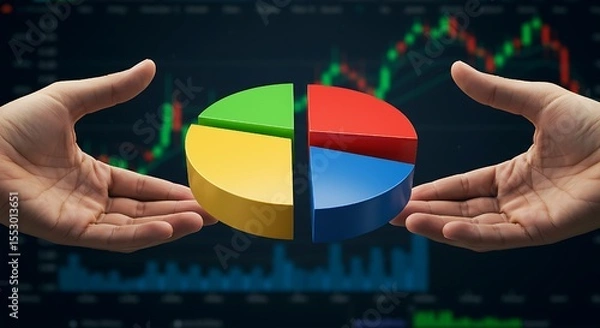 Fototapeta Investment portfolio management,vibrant pie chart overlaid on a financial dashboard, representing strategic data,Diversified strategy using stocks, bonds and commodities. 