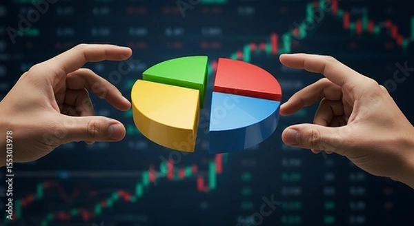 Fototapeta Investment portfolio management,vibrant pie chart overlaid on a financial dashboard, representing strategic data,Diversified strategy using stocks, bonds and commodities. 
