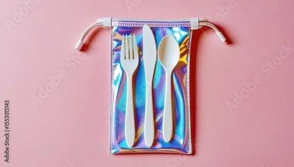 Fototapeta White Reusable Cutlery Set in Iridescent Pouch on Pink Background