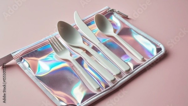 Fototapeta White Reusable Cutlery Set in Iridescent Pouch on Pink Background