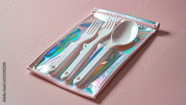 Fototapeta White Reusable Cutlery Set in Iridescent Pouch on Pink Background