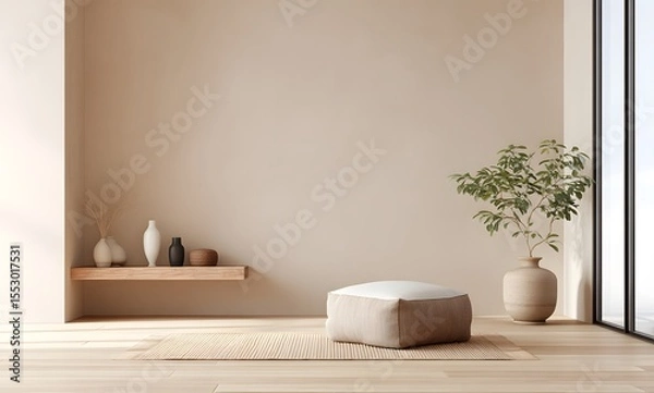 Obraz Mock-up Interior A cozy warm modern, minimalist yoga room with light brown walls and a wooden floor.