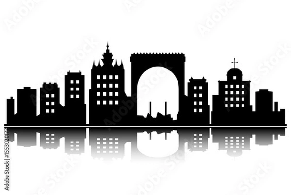 Obraz panorama of the fortress city with an arch architecture silhouette with reflection below on transparent