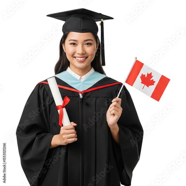 Fototapeta female student in academic gown holding canadian flag and diploma on Isolated transparent background png. generated with AI