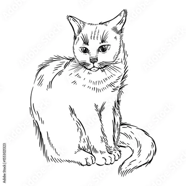 Fototapeta Cat, pet hand-drawn in ink and isolated on white background. Vector illustration is suitable for printing on postcards, T-shirts, posters, in pet stores.