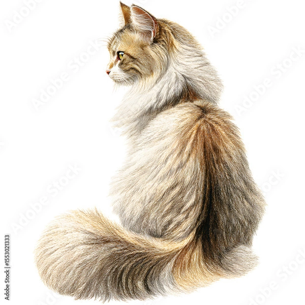 Fototapeta A cat with a long tail is sitting on a white background