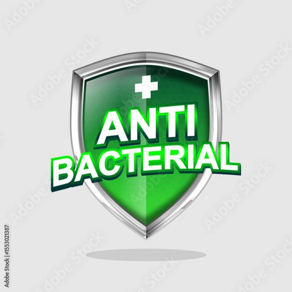 Fototapeta Green Anti bacterial logo silver shield shape, 3d vector isolated on grey background
