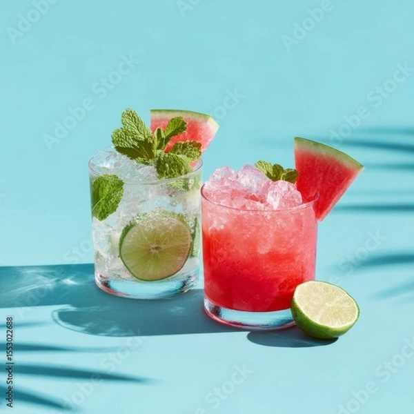Fototapeta Two refreshing, vibrant summer cocktails on a bright teal background. One drink has a slice of watermelon and fresh mint