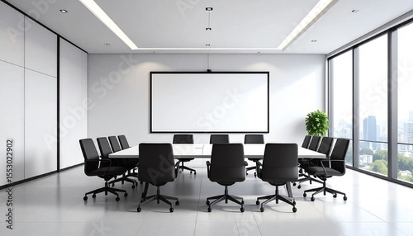 Fototapeta Modern conference room with large table and chairs.