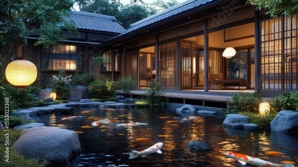 Fototapeta Serene Japanese Garden with Koi Pond, Lanterns, and Traditional Architecture