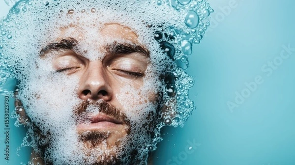 Fototapeta A serene image of a man submerged underwater with soap bubbles surrounding his face, conveying a sense of tranquility and peacefulness in a dreamy atmosphere.