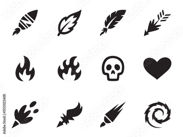 Obraz A collection of twelve simple, black silhouette icons representing various fantasy elements vector art on white