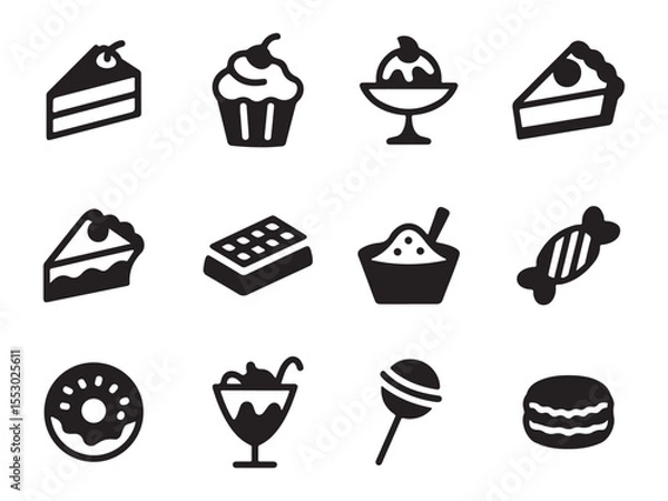Obraz A set of simple, black and white icons depicting various sweet treats vector art on white