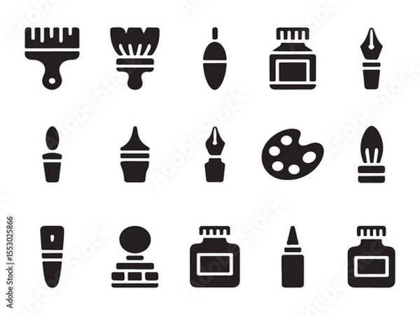 Obraz A set of simple, black silhouette icons representing various art supplies, including paintbrushes, ink bottles, pens, palettes, and other tools vector art on white