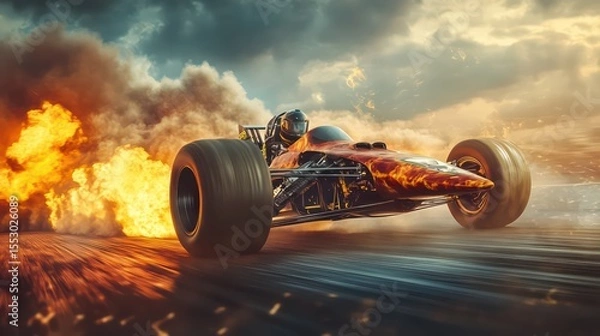 Fototapeta Fiery Dragster Launching with Intense Speed and Dramatic Sky