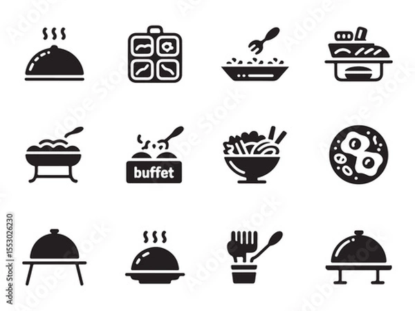Obraz A set of black and white icons representing various buffet food items and service elements vector art on white