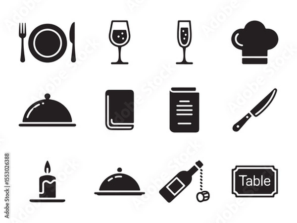 Obraz A collection of black silhouette icons representing various elements of a restaurant, A collection of black silhouette icons representing various elements of a restaurant.
