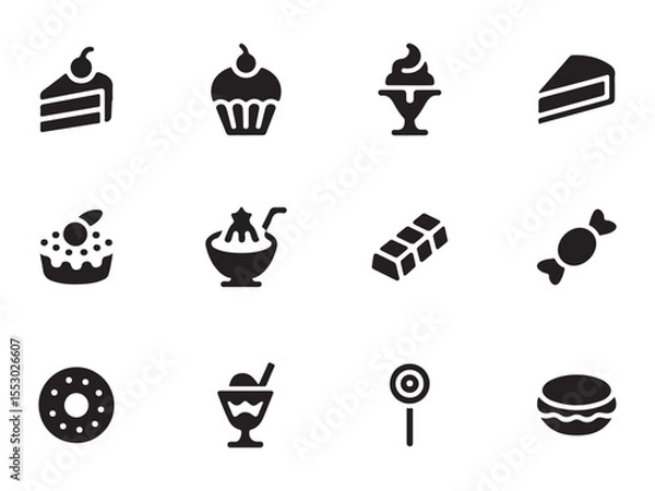 Obraz A set of black silhouette icons representing various sweet treats vector art on white