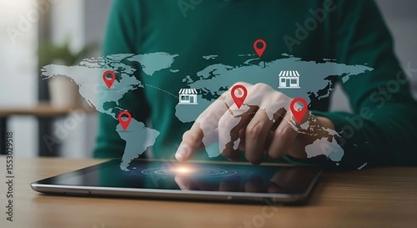 Fototapeta local SEO and customer review systems,Boost global store presence,digital marketing for international growth,mobile platforms and location markers to manage ratings.