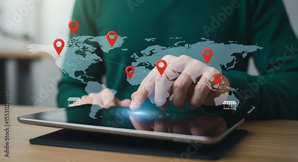 Fototapeta local SEO and customer review systems,Boost global store presence,digital marketing for international growth,mobile platforms and location markers to manage ratings.
