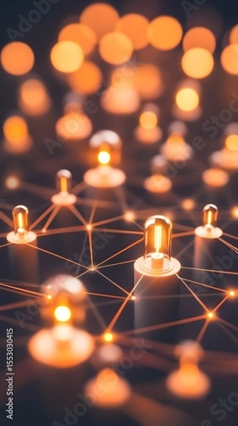 Fototapeta Network of Glowing Light Bulbs Connected Global Ideas