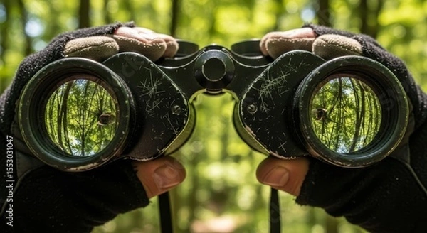 Obraz Close Up of Hands Holding Binoculars with Forest Reflection in Lenses