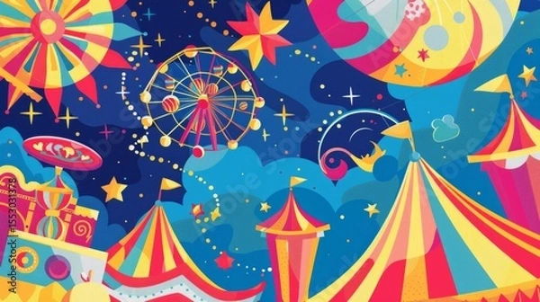 Fototapeta Bright background with rides and stars. Ideal for decorating children's events and holidays.