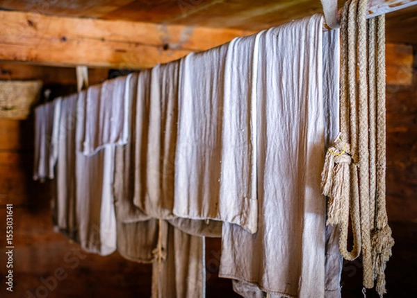 Fototapeta Colorful clothes drying on a line amidst lush green grass in a rural area during bright daytime