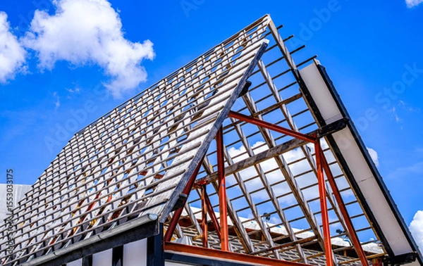 Fototapeta Construction progress of a building with exposed roof structure showcasing modern architectural design under clear blue sky