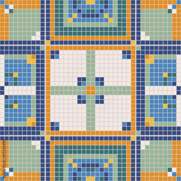 Fototapeta Colorful mosaic tiles creating geometric seamless pattern with interconnected squares, rectangles in blue, orange, yellow, green, white palette