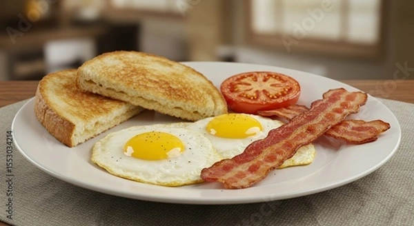 Fototapeta Savor the Perfect Start: Sunny-Side Up Eggs, Crispy Bacon, and Toasted Bread