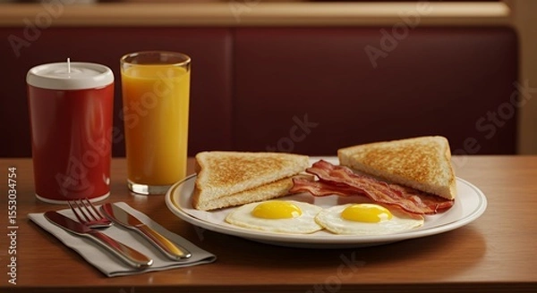 Fototapeta Sunny-side up eggs, crispy bacon, and toast: the perfect diner breakfast.