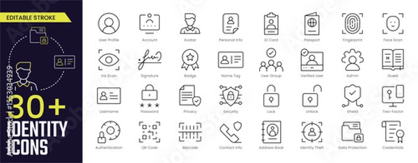 Obraz Identity Stroke icon collections. Containing User Profile, Account, Avatar, Personal Info, ID Card, Passport, Admin, Password, and User Settings icons. Editable Stroke icon collection Outline icon