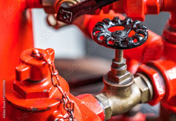 Fototapeta Close-up view of a vintage brass valve against a vibrant red background showcasing intricate design and craftsmanship