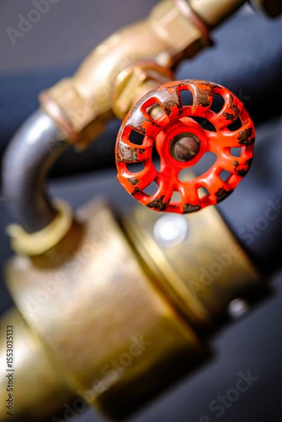 Fototapeta Close-up view of a vintage brass valve against a vibrant red background showcasing intricate design and craftsmanship