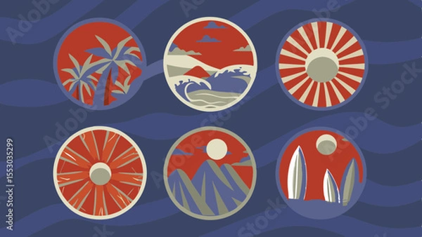 Fototapeta A vibrant set of six circular illustrations showcasing tropical landscapes and sun motifs.