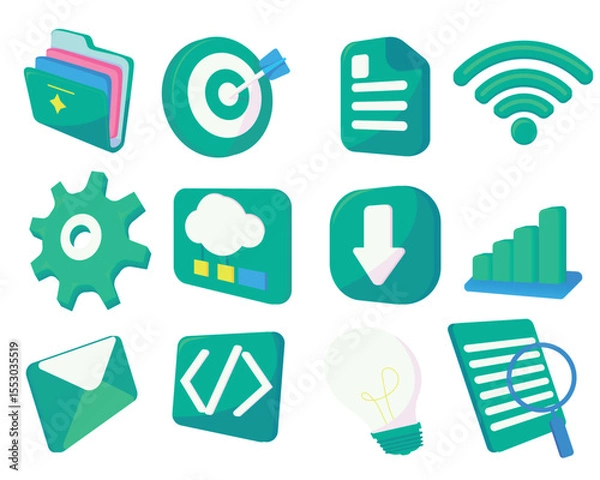 Fototapeta Set of 12 business vector icons in dark cyan color with a cute, flat style. Ideal for infographics, UI/UX design, web apps, and corporate presentations with a modern and minimal look.