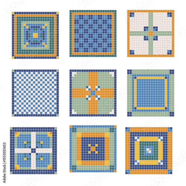 Fototapeta Colorful pixel art mosaic tiles set, vector pixel art, vintage