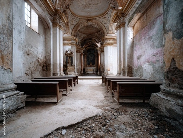 Obraz Empty and run down old church with pews