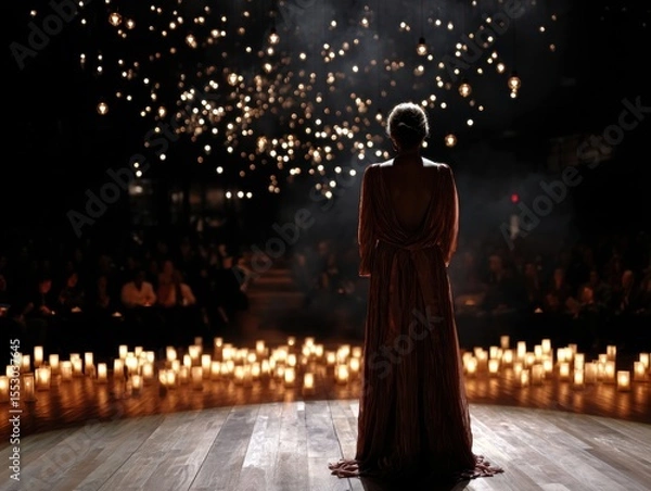 Obraz Woman stands on a stage in front of a crowd of people