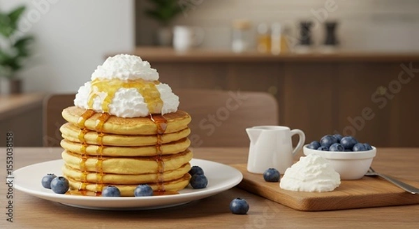 Fototapeta Golden Pancakes Stacked High with Whipped Cream and Drizzled Honey
